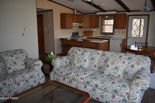 living room featuring crown molding, lofted ceiling, and sink