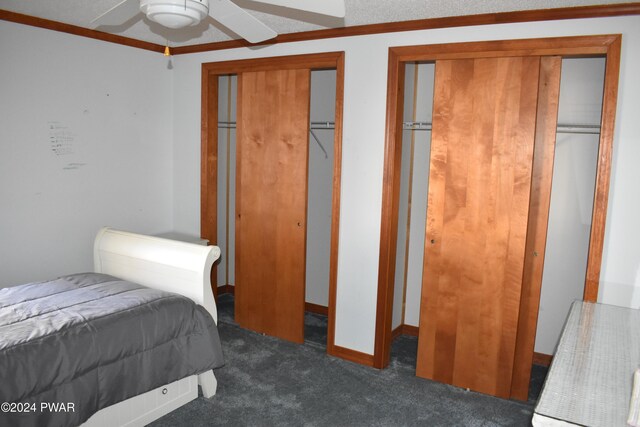 carpeted bedroom with two closets, ceiling fan, and crown molding