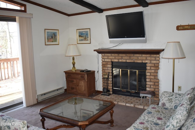 living room with carpet flooring, lofted ceiling, a brick fireplace, and a baseboard heating unit