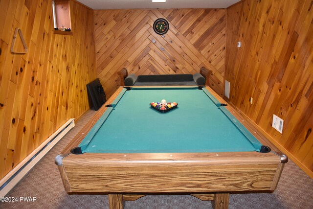 playroom with carpet, a baseboard radiator, wooden walls, and pool table