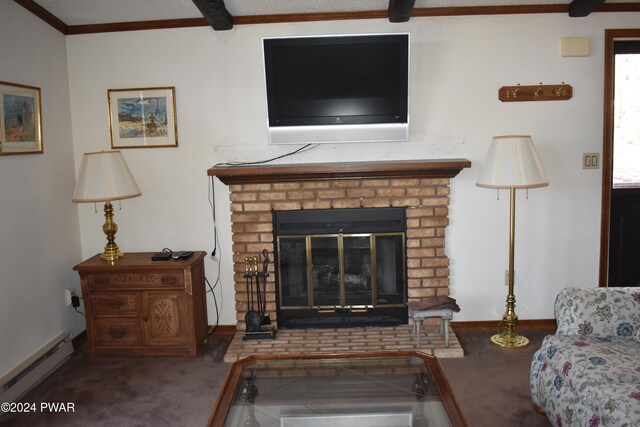 living room featuring a fireplace, carpet, ornamental molding, and a baseboard heating unit