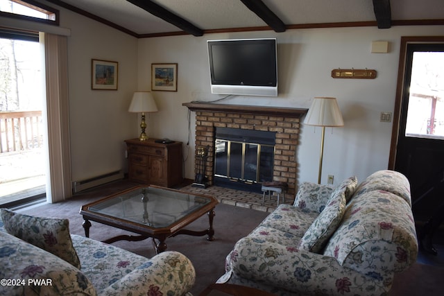 living room with baseboard heating, carpet floors, lofted ceiling with beams, and a brick fireplace