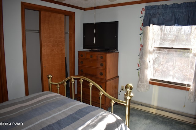 carpeted bedroom with ornamental molding