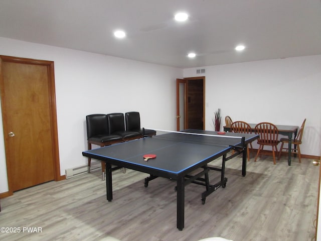 169 N Lake Dr, Dingmans Ferry, PA 18328 - game room with visible vents, light wood-style flooring, recessed lighting, and a baseboard heating unit