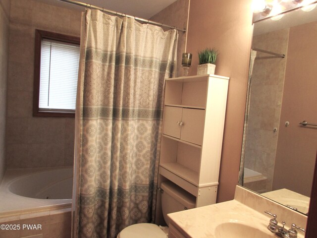 169 N Lake Dr, Dingmans Ferry, PA 18328 - bathroom with a shower with shower curtain, tiled tub, vanity, and toilet