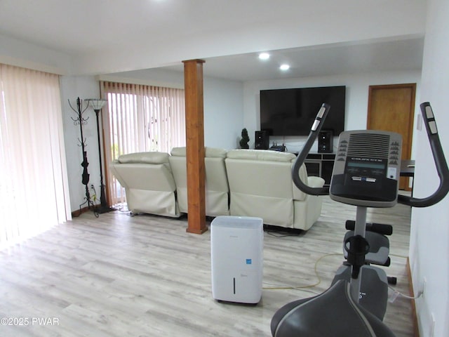 169 N Lake Dr, Dingmans Ferry, PA 18328 - exercise area featuring light wood-style flooring, recessed lighting, and ornate columns