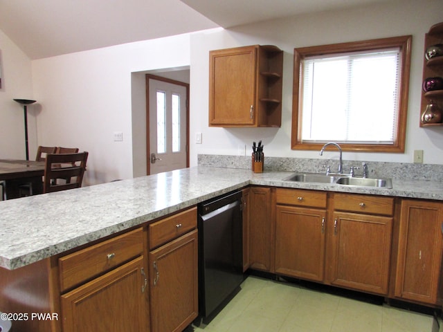 169 N Lake Dr, Dingmans Ferry, PA 18328 - kitchen with a peninsula, light countertops, open shelves, black dishwasher, and a sink