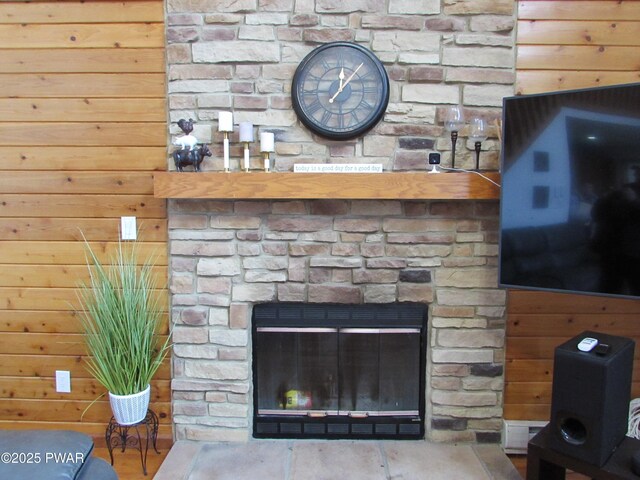 169 N Lake Dr, Dingmans Ferry, PA 18328 - interior details with wood walls and a fireplace
