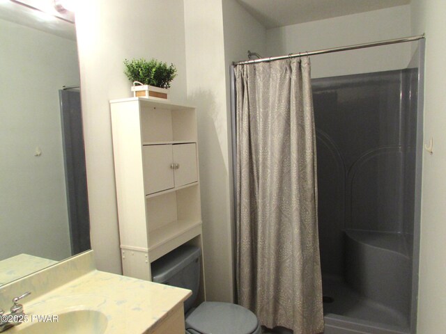 169 N Lake Dr, Dingmans Ferry, PA 18328 - full bathroom with toilet, vanity, and a shower with shower curtain