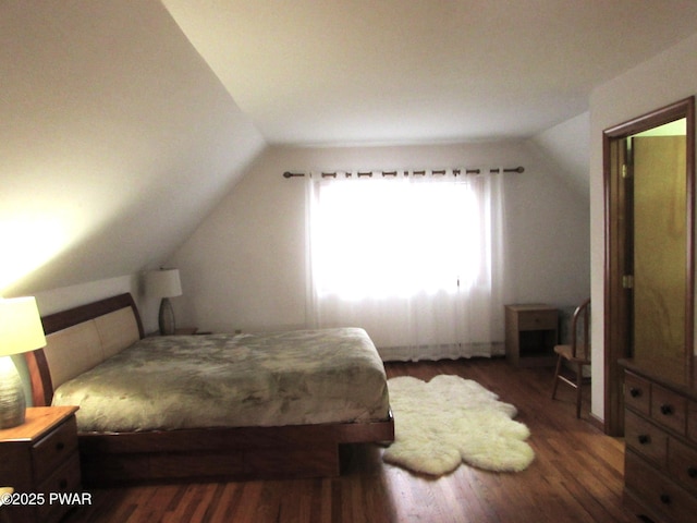 169 N Lake Dr, Dingmans Ferry, PA 18328 - bedroom featuring wood finished floors and lofted ceiling