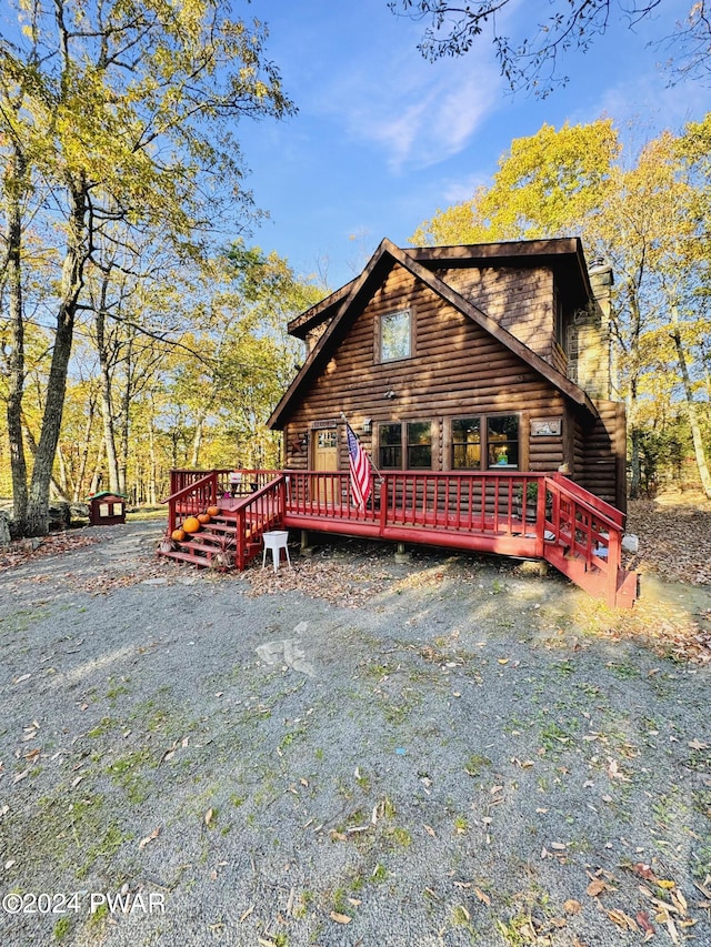 804 Fetlock Ct, Lords Valley, PA 18428 - back of house featuring log siding and a wooden deck
