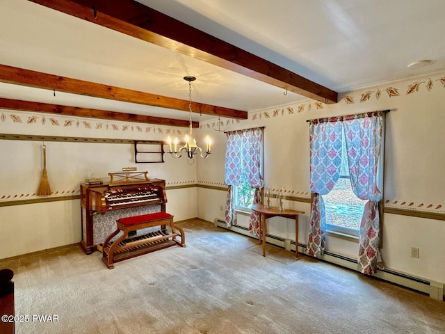 miscellaneous room with beamed ceiling, carpet flooring, an inviting chandelier, and a baseboard heating unit