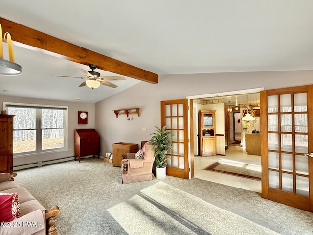 living room featuring lofted ceiling with beams, carpet, baseboard heating, and french doors