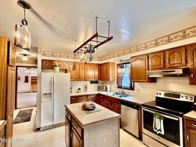 kitchen featuring pendant lighting, appliances with stainless steel finishes, a center island, and sink