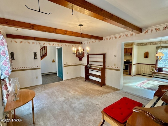 carpeted living room featuring beamed ceiling, a baseboard heating unit, and a chandelier