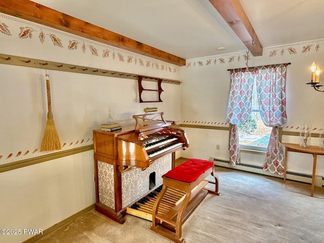 misc room featuring beamed ceiling, a baseboard heating unit, and carpet floors