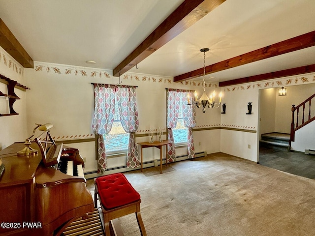 unfurnished room featuring beamed ceiling, carpet flooring, and an inviting chandelier