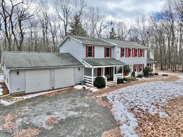 view of property featuring a garage and a porch