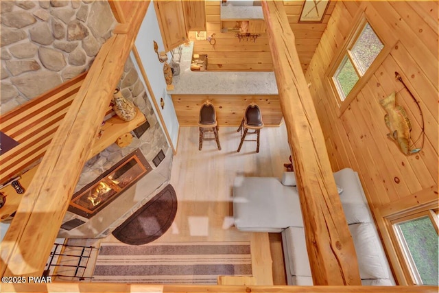 210 Fawn Lake Dr, Hawley, PA 18428 - stairs with wood walls and plenty of natural light