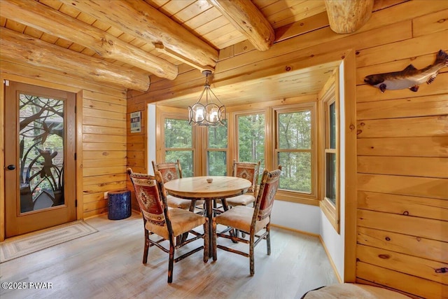 210 Fawn Lake Dr, Hawley, PA 18428 - dining room with plenty of natural light, light wood finished floors, a wooden ceiling with exposed beams, and a chandelier