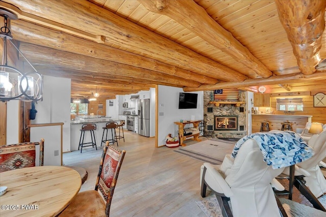 210 Fawn Lake Dr, Hawley, PA 18428 - living area with light wood-style floors, a chandelier, a fireplace, wood walls, and a wooden ceiling with exposed beams