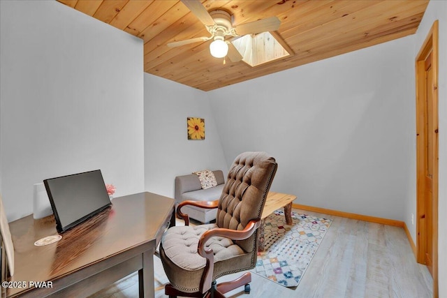 210 Fawn Lake Dr, Hawley, PA 18428 - home office featuring ceiling fan, wood ceiling, wood finished floors, and a skylight