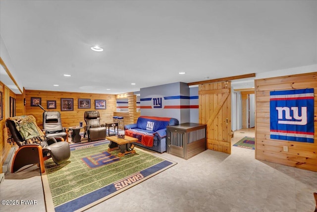 210 Fawn Lake Dr, Hawley, PA 18428 - living room with wood walls and recessed lighting