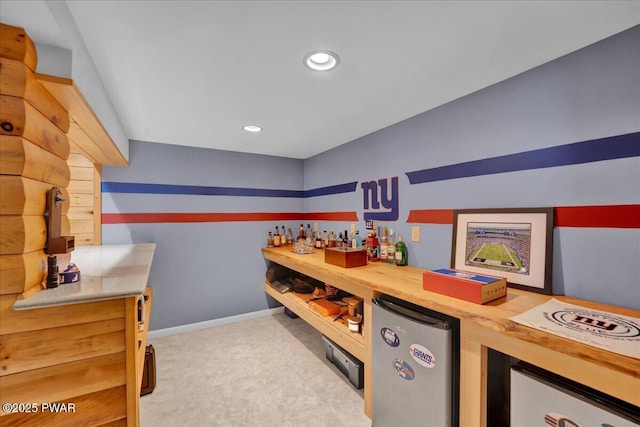 210 Fawn Lake Dr, Hawley, PA 18428 - bedroom featuring refrigerator, a dry bar, carpet floors, and recessed lighting