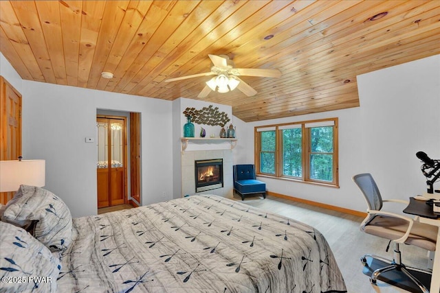 210 Fawn Lake Dr, Hawley, PA 18428 - bedroom with wood ceiling, vaulted ceiling, wood finished floors, a fireplace, and a ceiling fan