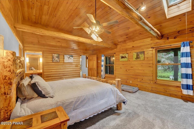 210 Fawn Lake Dr, Hawley, PA 18428 - bedroom with carpet flooring, wood ceiling, and a skylight