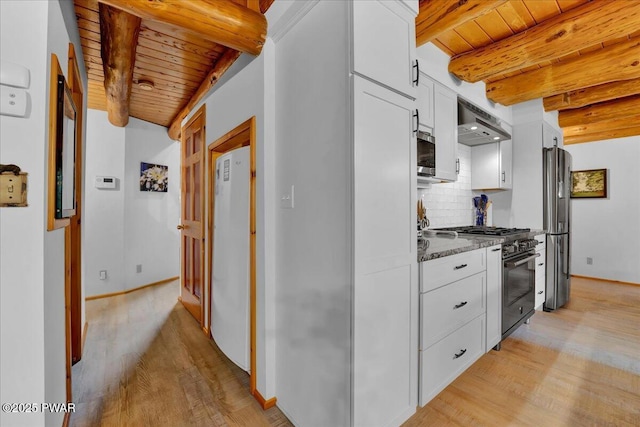 210 Fawn Lake Dr, Hawley, PA 18428 - kitchen with stainless steel appliances, exhaust hood, a wood ceiling with exposed beams, light wood finished floors, and decorative backsplash