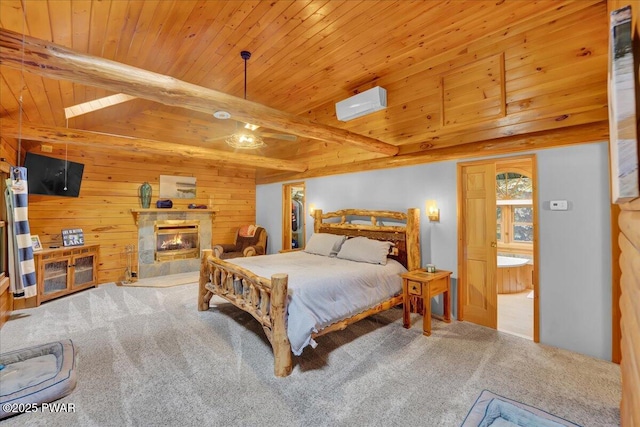 210 Fawn Lake Dr, Hawley, PA 18428 - carpeted bedroom with a tile fireplace, a wood ceiling with exposed beams, and wooden walls
