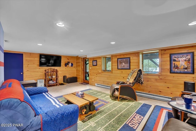 210 Fawn Lake Dr, Hawley, PA 18428 - living area featuring wooden walls, a baseboard heating unit, and recessed lighting