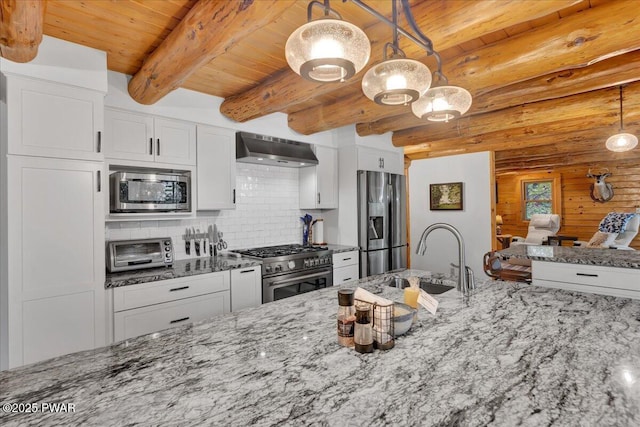 210 Fawn Lake Dr, Hawley, PA 18428 - kitchen featuring stainless steel appliances, wall chimney exhaust hood, white cabinetry, a wood ceiling with exposed beams, and tasteful backsplash