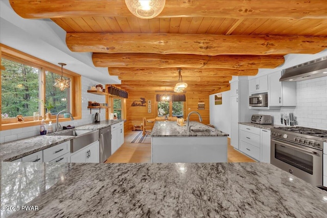 210 Fawn Lake Dr, Hawley, PA 18428 - kitchen with stainless steel appliances, white cabinets, light wood-style floors, tasteful backsplash, and exhaust hood