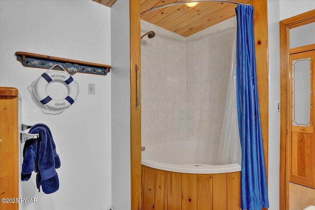 210 Fawn Lake Dr, Hawley, PA 18428 - full bath with shower / bath combo with shower curtain and wooden ceiling