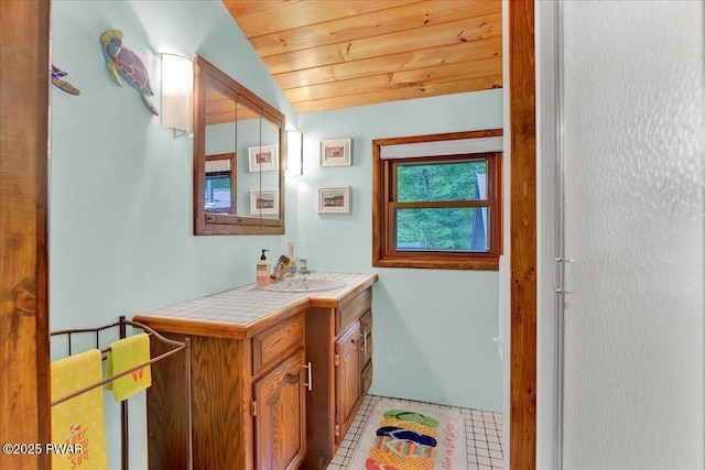 210 Fawn Lake Dr, Hawley, PA 18428 - bathroom with vanity, wood ceiling, and tile patterned floors