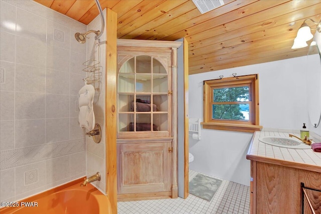 210 Fawn Lake Dr, Hawley, PA 18428 - full bath featuring vanity, tile patterned floors, tub / shower combination, and wooden ceiling