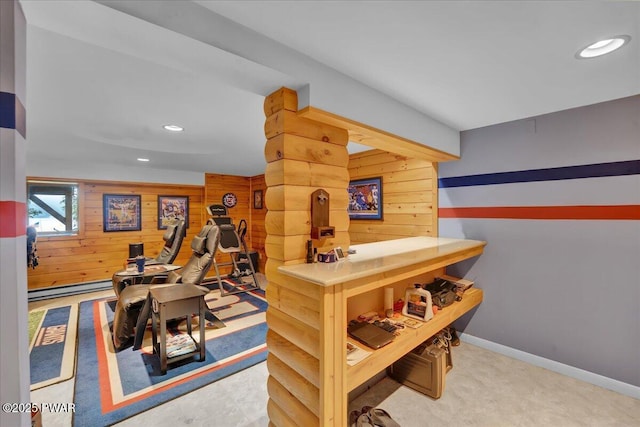 210 Fawn Lake Dr, Hawley, PA 18428 - game room featuring wood walls, baseboard heating, recessed lighting, and carpet floors