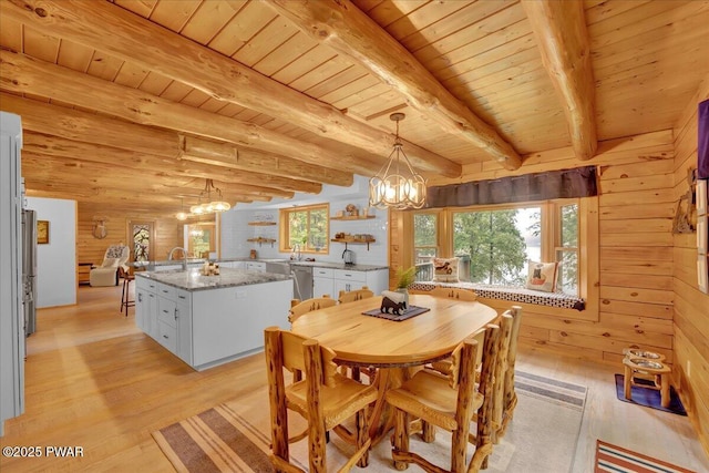 210 Fawn Lake Dr, Hawley, PA 18428 - dining room featuring a chandelier, a wooden ceiling with exposed beams, light wood-style floors, and wooden walls