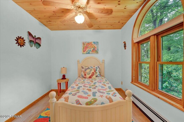 210 Fawn Lake Dr, Hawley, PA 18428 - bedroom featuring baseboard heating, wood finished floors, wood ceiling, and ceiling fan