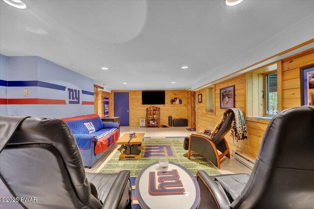 210 Fawn Lake Dr, Hawley, PA 18428 - living room with wooden walls, recessed lighting, and baseboard heating