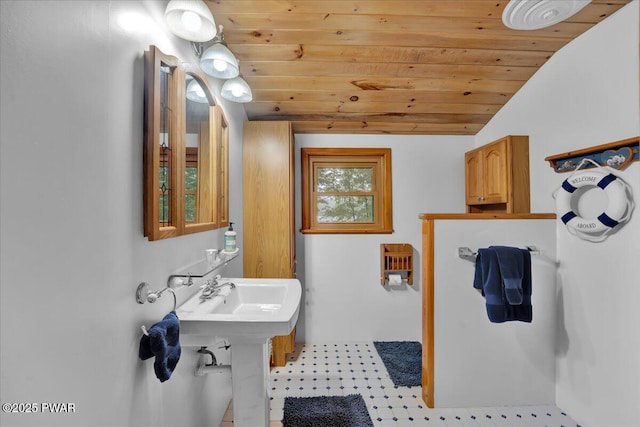 210 Fawn Lake Dr, Hawley, PA 18428 - bathroom featuring wood ceiling and lofted ceiling