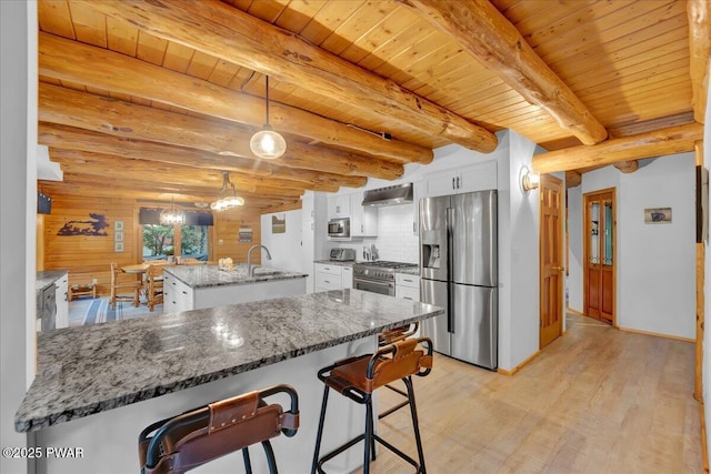 210 Fawn Lake Dr, Hawley, PA 18428 - kitchen with stainless steel appliances, exhaust hood, white cabinetry, a wooden ceiling with exposed beams, and light wood finished floors