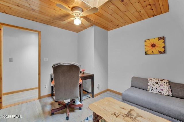 210 Fawn Lake Dr, Hawley, PA 18428 - office with a ceiling fan, wood finished floors, and wooden ceiling