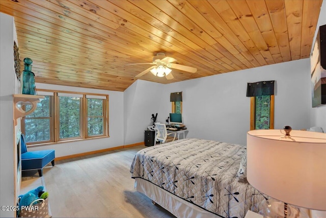 210 Fawn Lake Dr, Hawley, PA 18428 - bedroom with wood finished floors, wooden ceiling, lofted ceiling, and a ceiling fan