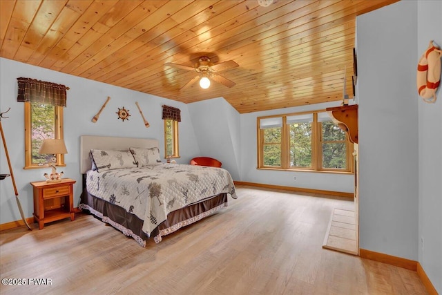 210 Fawn Lake Dr, Hawley, PA 18428 - bedroom with multiple windows, vaulted ceiling, wood finished floors, wooden ceiling, and ceiling fan