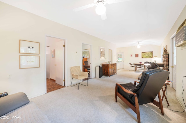 living room featuring ceiling fan, vaulted ceiling, and light parquet floors