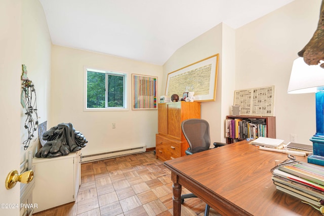 home office featuring baseboard heating, light parquet flooring, and lofted ceiling