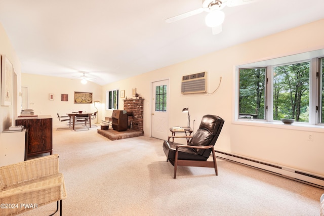 carpeted living room with a wall mounted air conditioner, ceiling fan, a baseboard radiator, a wood stove, and lofted ceiling